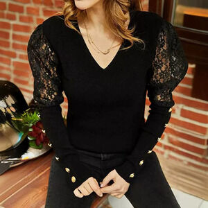 ZARA Womens Black Lace Long Sleeve Slim Fit V Neck Sexy Gold Stud Buttons Top